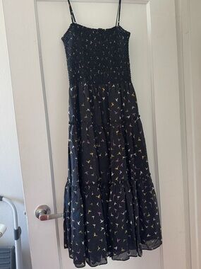 Vintage Issa London Tiered midi Dress with Yellow and Purple Bird Print- size 4
